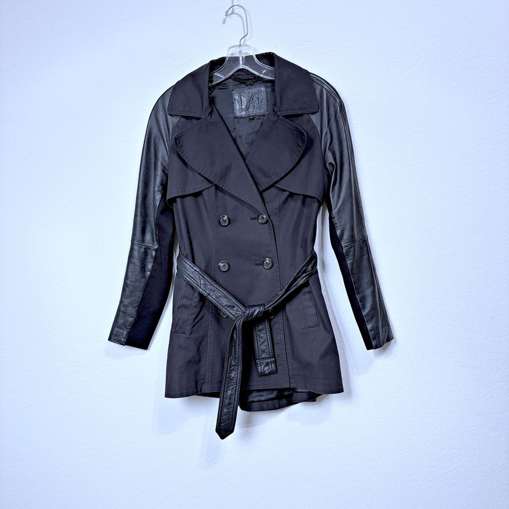 Dawn Levy DLNY Mixed Media Leather Sleeves Trench Coat Black Women S‎